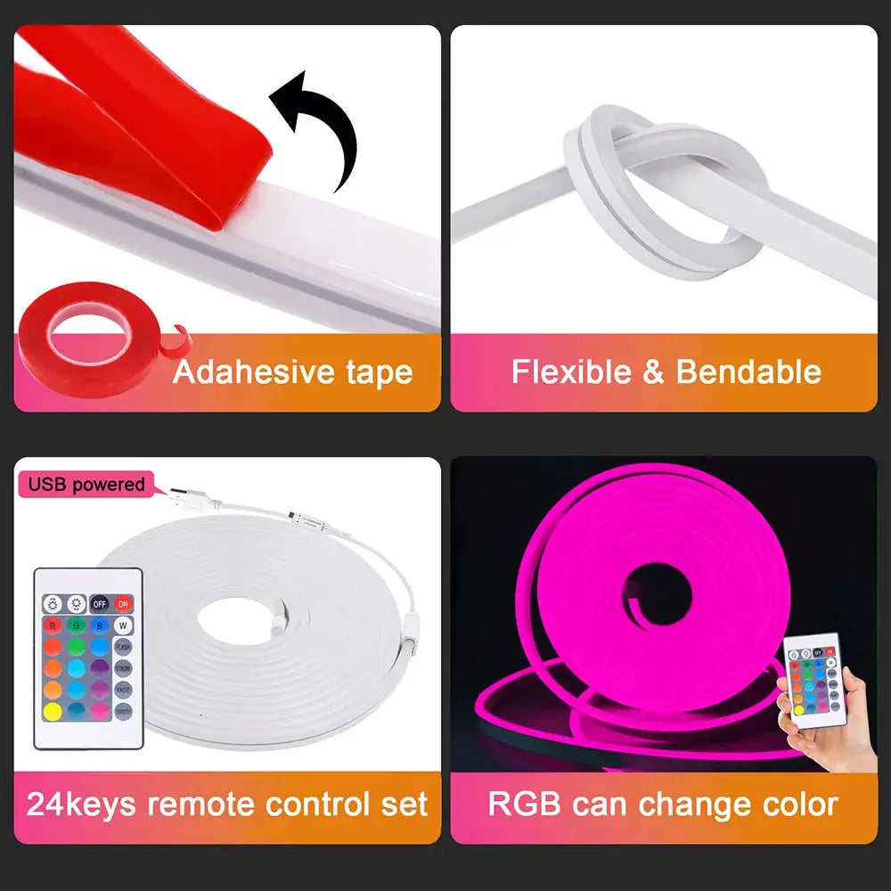 5V RGB Led Neon Strip Rope Light 24key Remote Control USB Kit with Adhesive Flexible Tape 1m 2m 5m 3535 108LED/m Home Decoration from PriceLows™