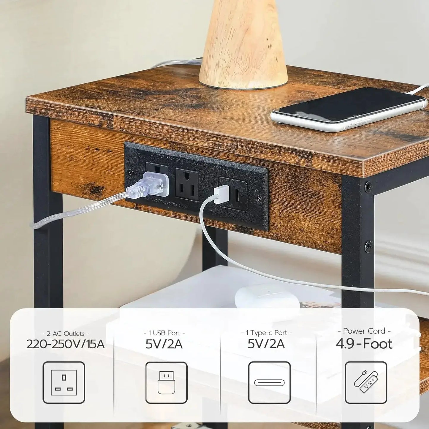 Compact Side Table With Charging Station, USB Ports & Adjustable Shelves For Living Room, Bedroom – Rustic Brown from PriceLows™