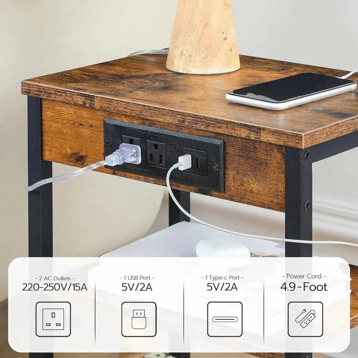 Compact Side Table With Charging Station, USB Ports & Adjustable Shelves For Living Room, Bedroom – Rustic Brown from PriceLows™