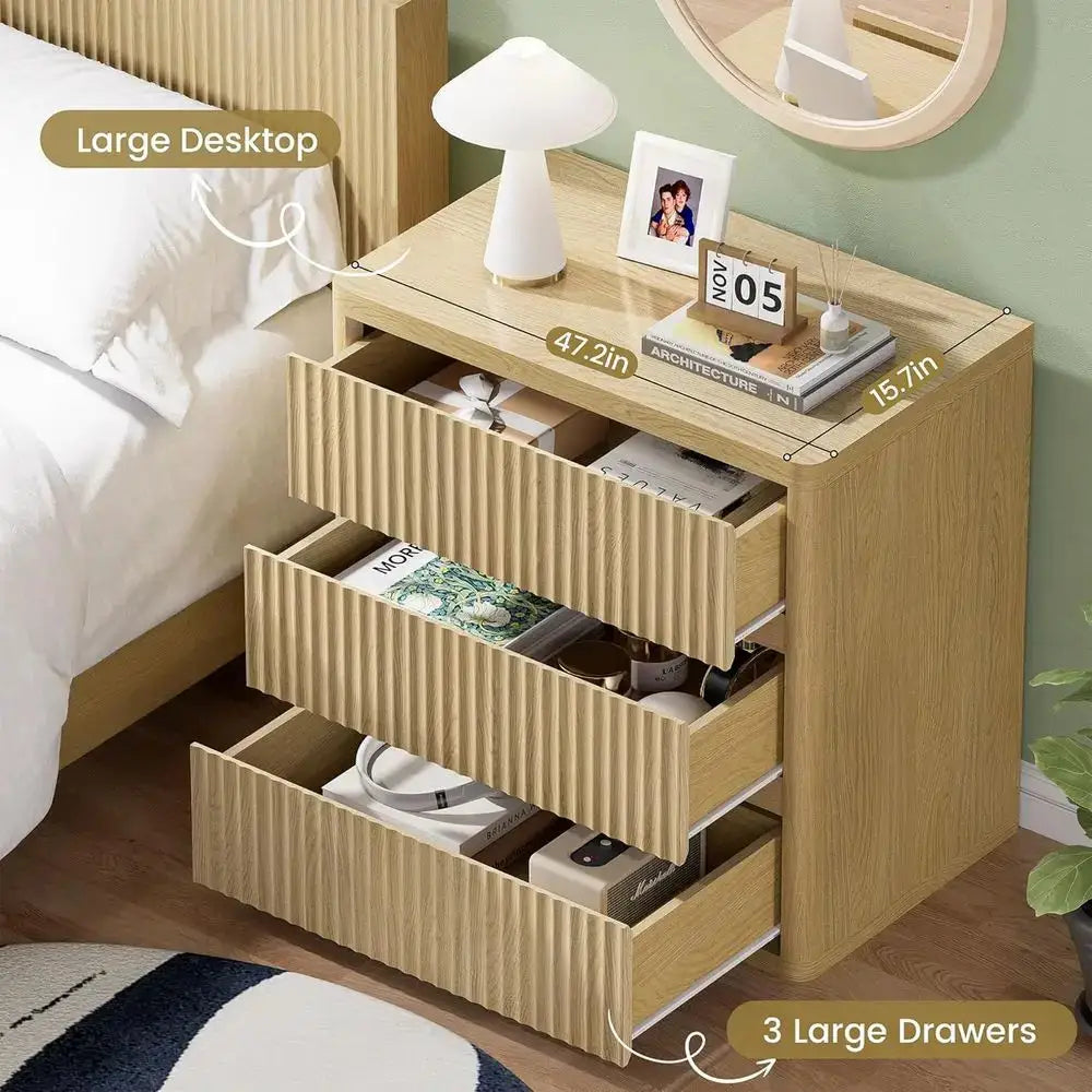 Natural Oak 2-Piece Nightstand Set with 3 Drawers, Storage Bed Table, Modern Curved Handle Design, 25 Wide from PriceLows™
