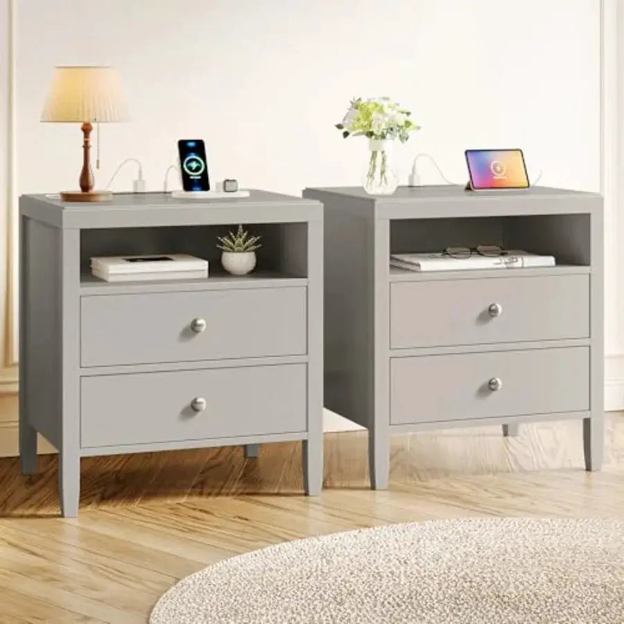 Nightstand Set of 2, Night Stand with Charger Station, Bedside Table with 2 Drawers, Bed Side Tables for Bedroom, Modern Nights from PriceLows™