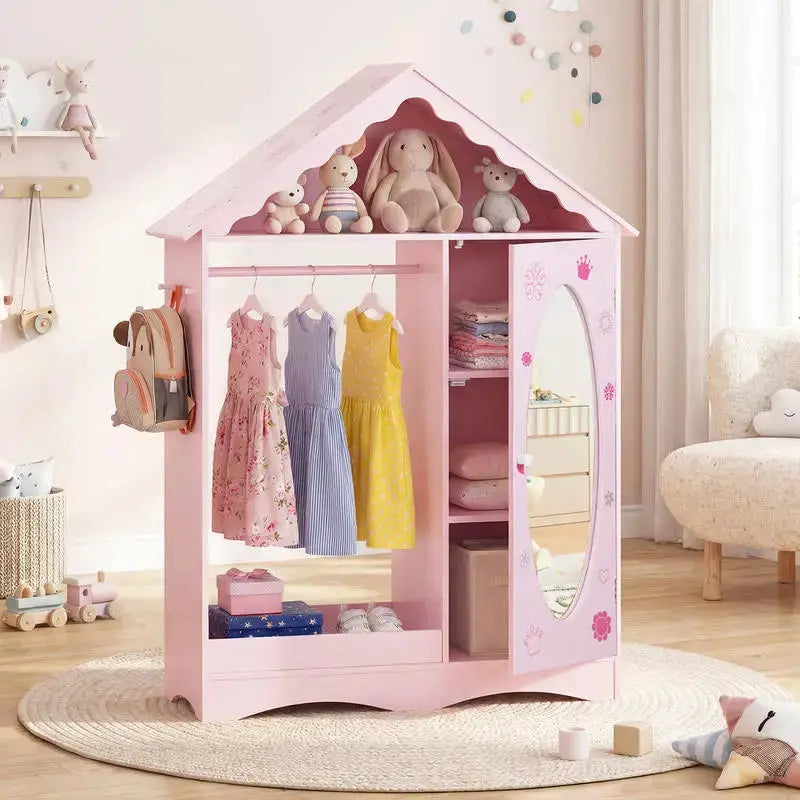 Kids Dress Up Storage with Mirror Roofed Wardrobe Closet with Open Hanging Rack-Pink from PriceLows™