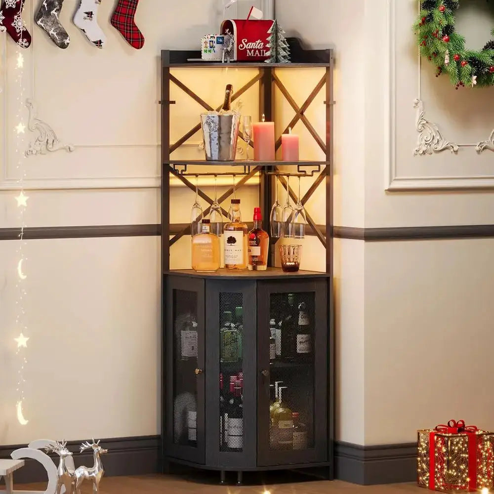 5-Tier LED-Illuminated Industrial Wine Bar Cabinet with Glass Rack and Door, Perfect for Farmhouse and Coffee Bars in Black from PriceLows™