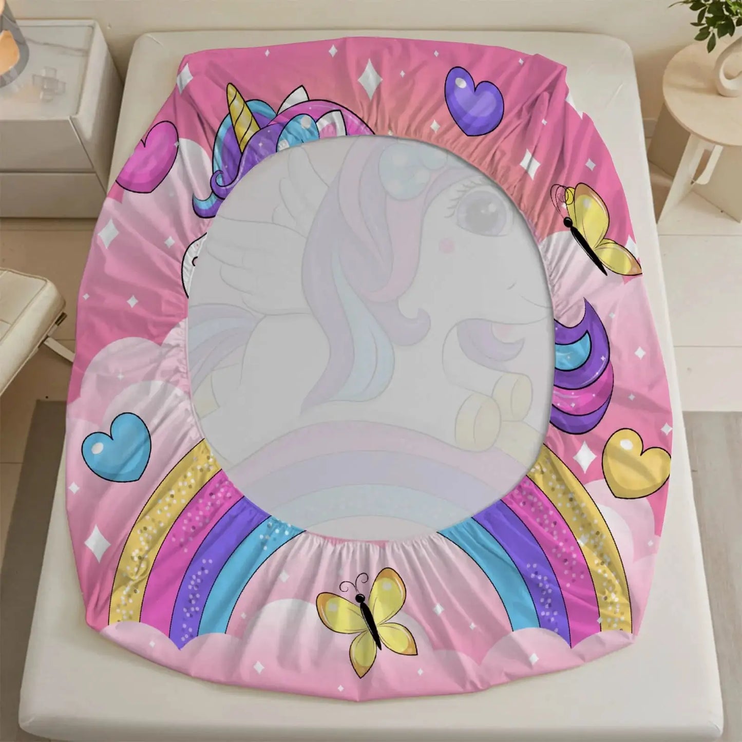 1pc Cartoon Unicorn on Rainbow Print Fitted Sheet Deep Pocket Elastic Mattress Cover Single Double Queen King Bedroom Decor from PriceLows™