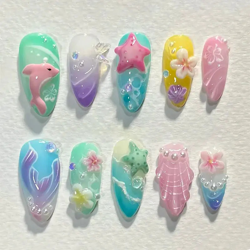 Almond Press On Nails | Acrylic Finish | Pearl Flower Design | 24 Piece Set