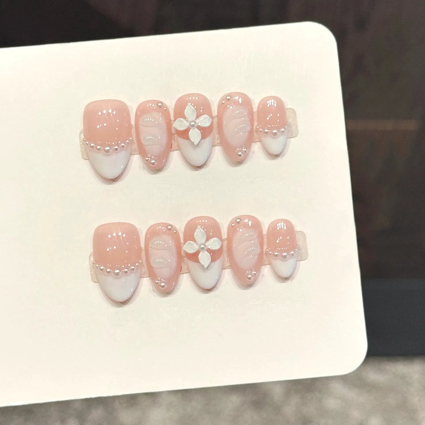 Press On Nails | 3D Flower Almond | Handmade Ballet Grey | 10 Piece Set