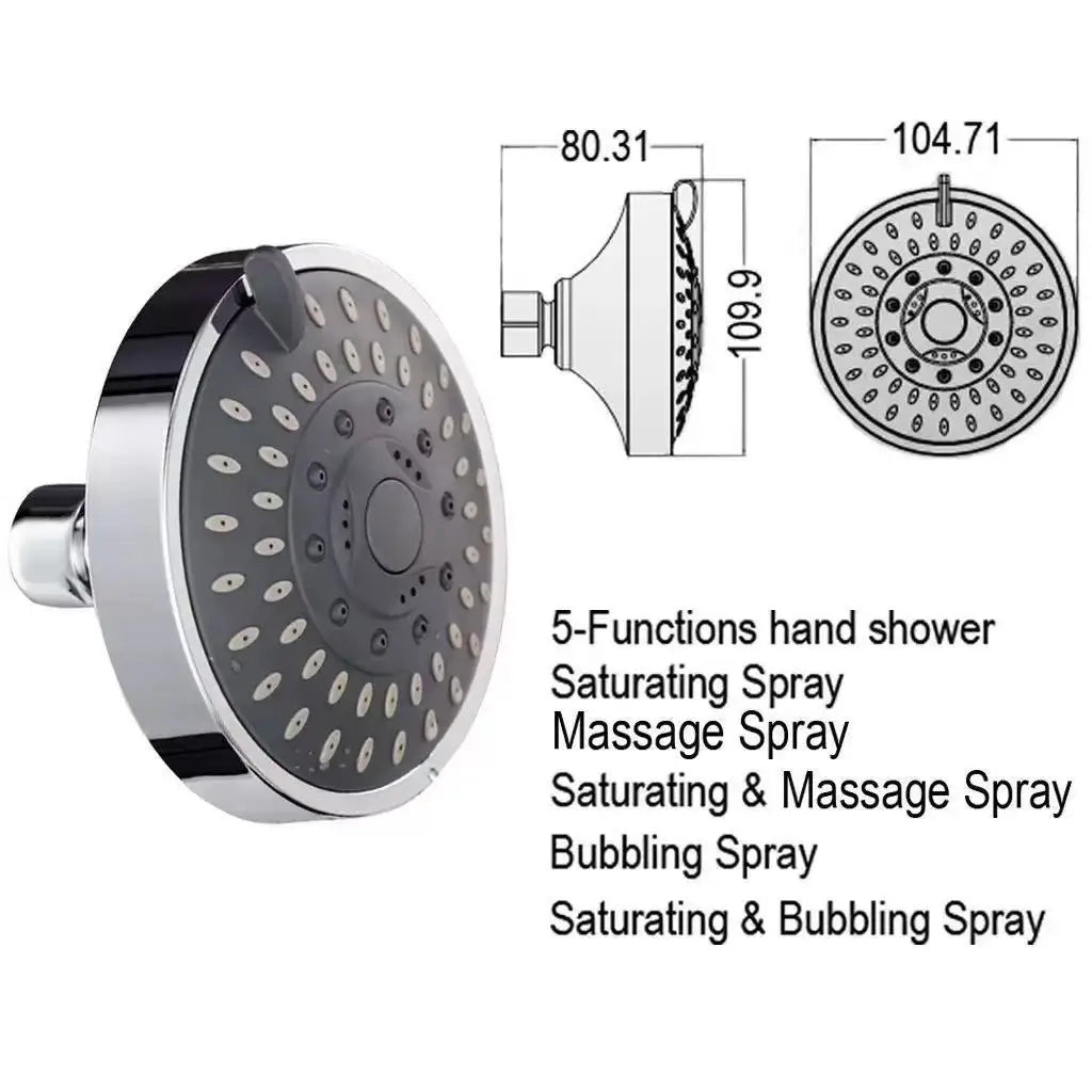 Shower Head | 5 Modes High Pressure | 4 Inch Diameter | Wall Mounted