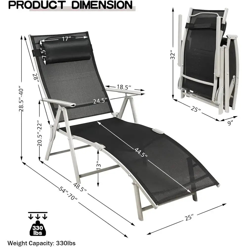 Portable Outdoor Reclining Chaise Lounge Chair with Pillow, 7 Positions, Ideal for Patio, Yard, Poolside - Black from PriceLows™
