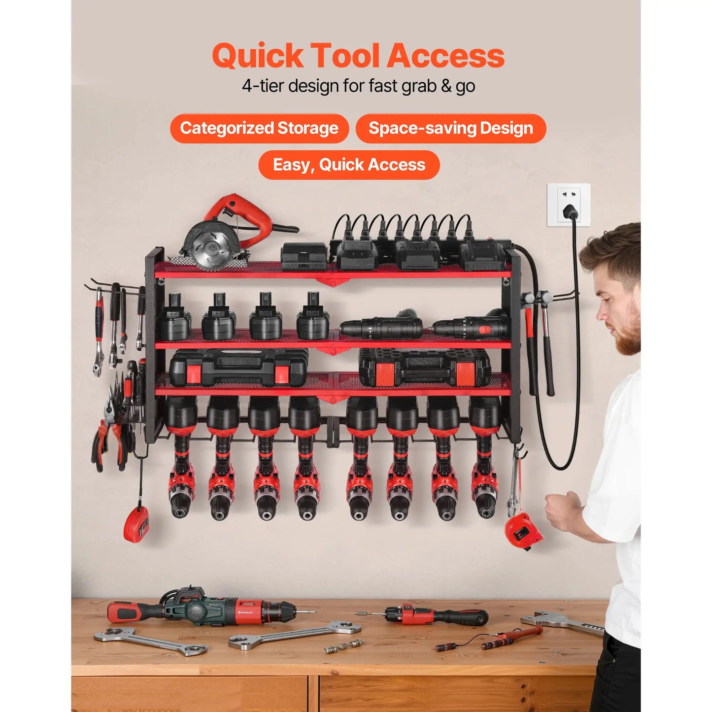SucceBuy 4 Tire Power Tool Organizer Tools Holder with Charging Station & Side Pegboard Drill Storage Rack for Garage Workbench from PriceLows™