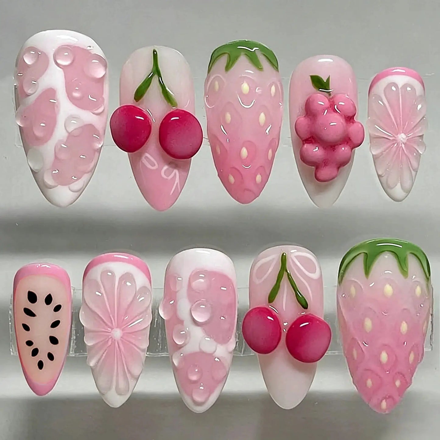 Press On Nails | 24 Pcs | Pink Strawberry Bow | Almond Shape