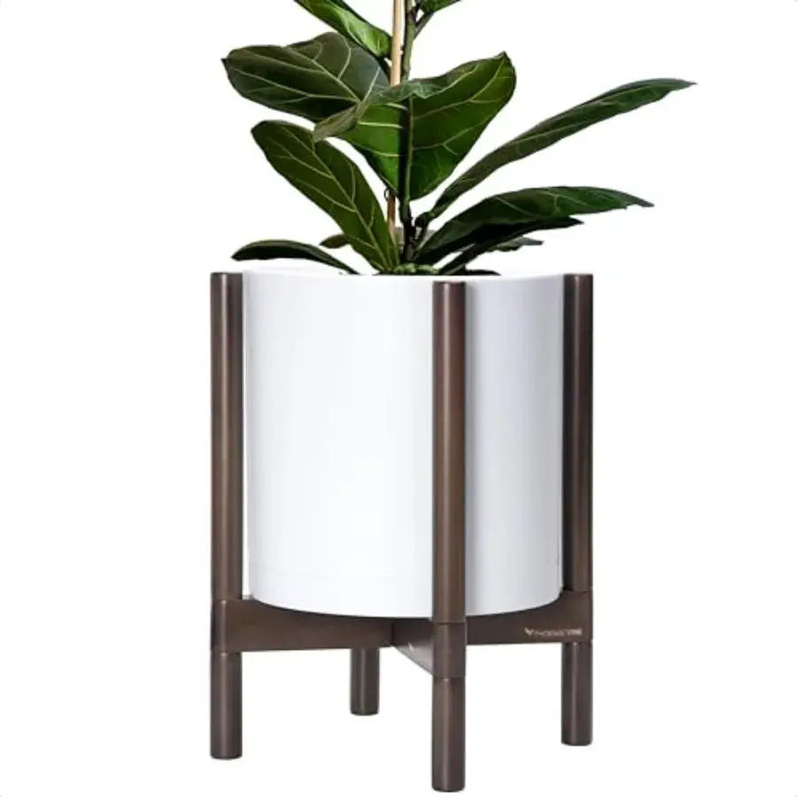 12 Inch Matte White Plastic Cylinder Planter with Walnut Wood Stand for Indoor Use Modern Decorative Flower Pot with Stable Bas from PriceLows™