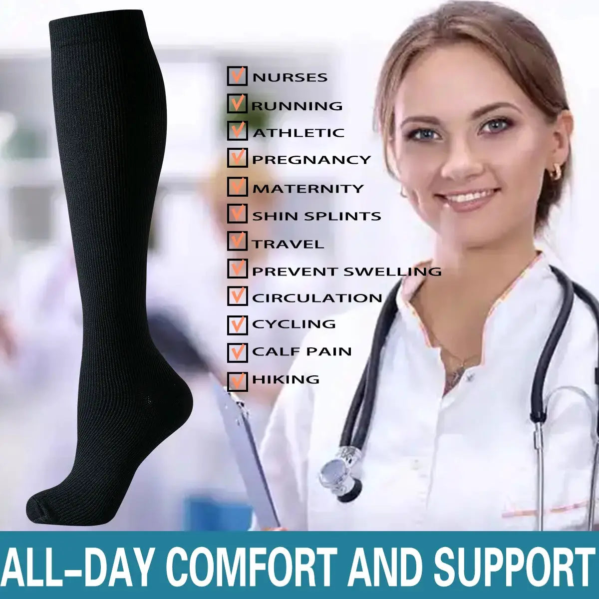 Compression Socks | Women Knee High | Solid Color | Athletic Support
