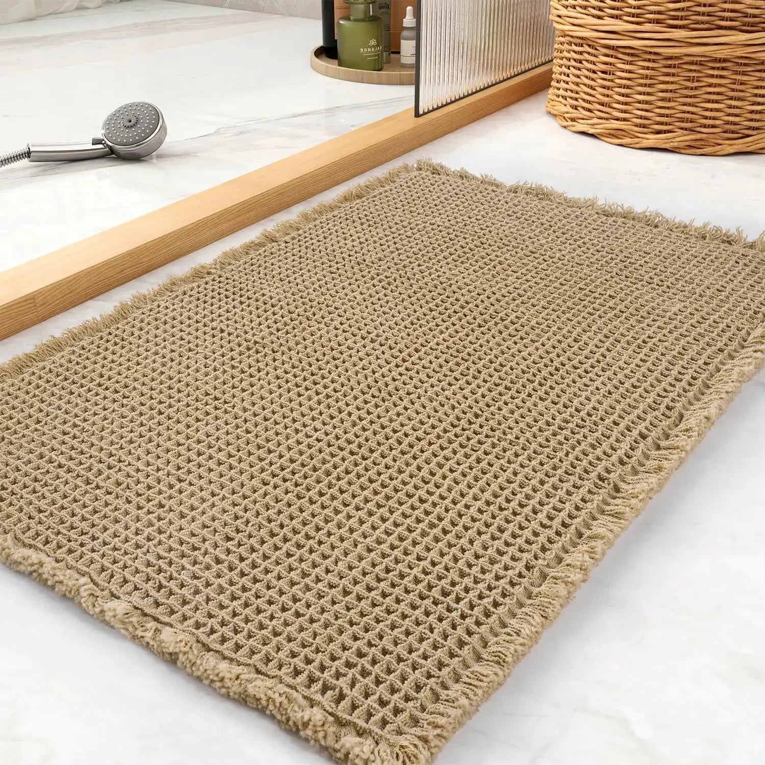 Waffle Bath Mat Set Non Slip Bathroom Rug Super Absorbent Soft Machine Washable Floor Mat with Tassels from PriceLows™
