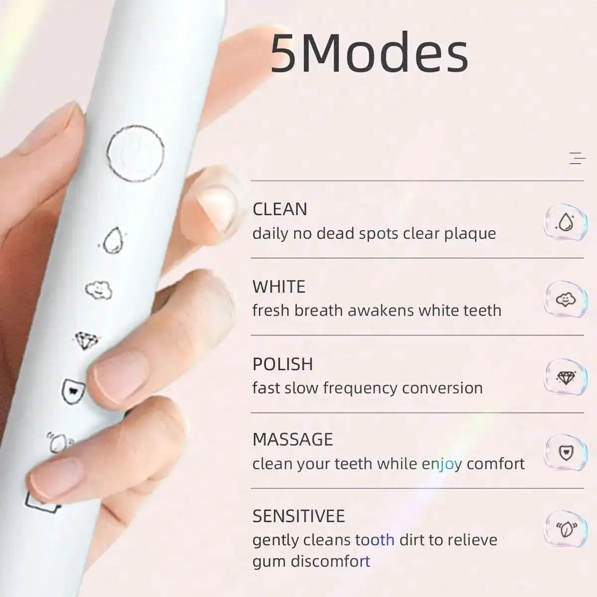 Electric Toothbrush | 8 Replaceable Heads | USB Charging | Pink