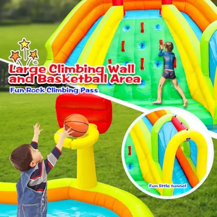 Inflatable Water Double Slides Park, Bounce House with Arched Water Gun Spray, Jumping Castle with Air Blower from PriceLows™