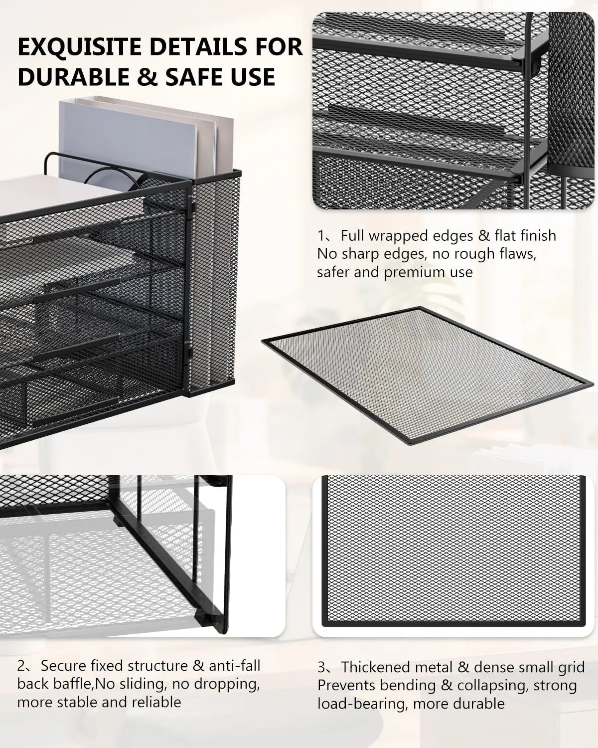 Desk File Organizer | 4-Tier Letter Tray System | Drawer And Pen Holders | Metal