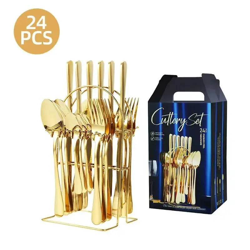 Stainless Steel Steak Cutlery Set with Gift Box, 24 Piece Western Knife Fork Spoon Household Tableware from PriceLows™