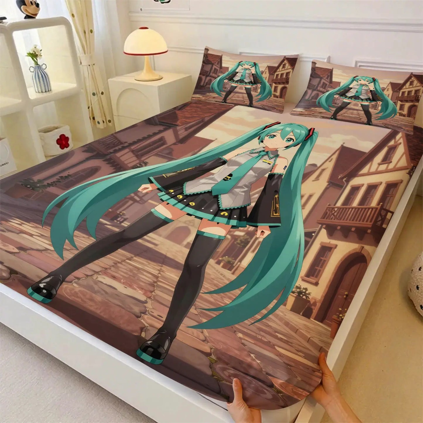 3Pcs Hatsune Miku Fitted Sheet Set with 2 Pillowcases Ice Palace Anime Bedding Set Soft Deep Pocket for Fan & Teen Bedroom Decor from PriceLows™