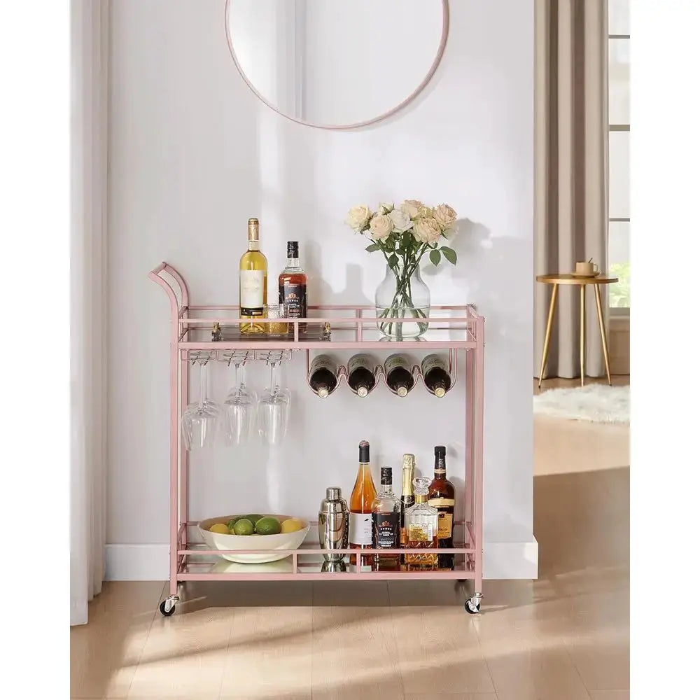 Rose Gold Home Bar Cart with 2 Mirrored Shelves, Wine & Glass Holders for Kitchen or Dining Room from PriceLows™