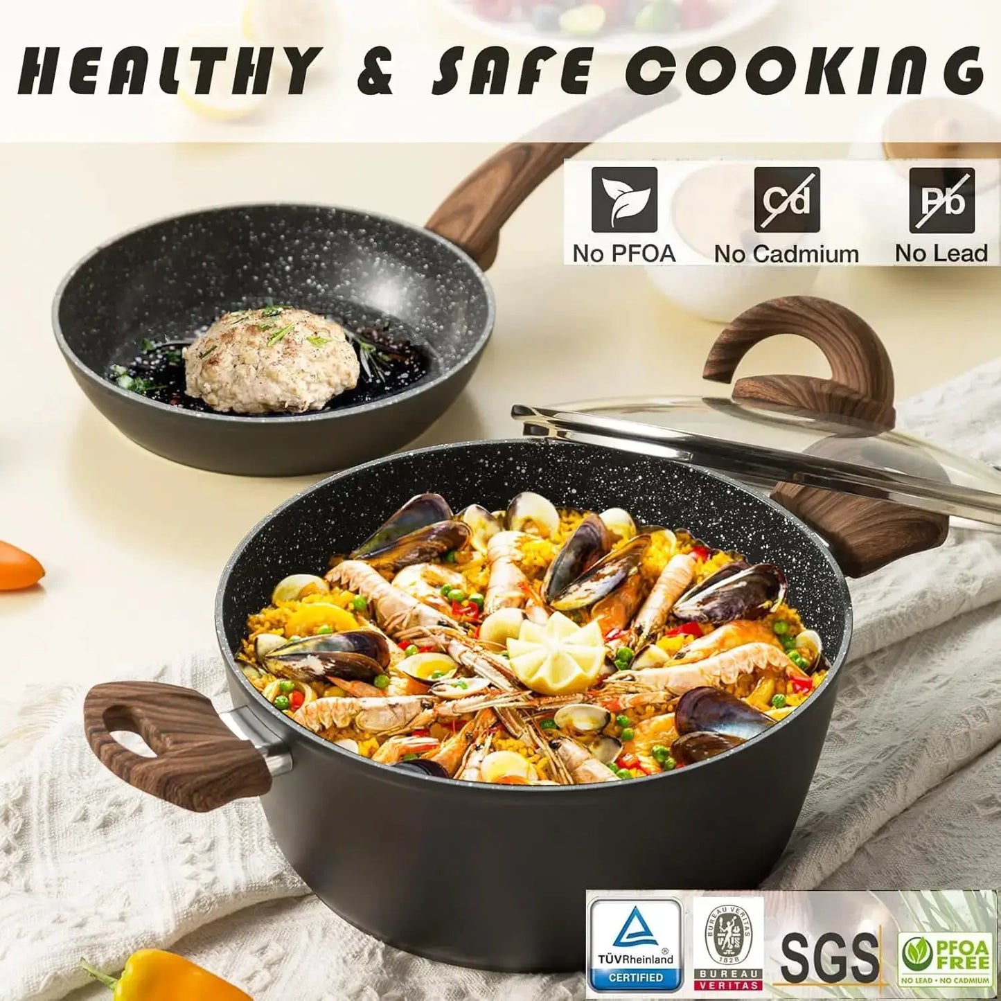 Non Stick Pots and Pans Set, Ceramic Cookware with Granite Pattern, Induction Compatible, PTFE/PFOA/PFOS-Free, Black from PriceLows™