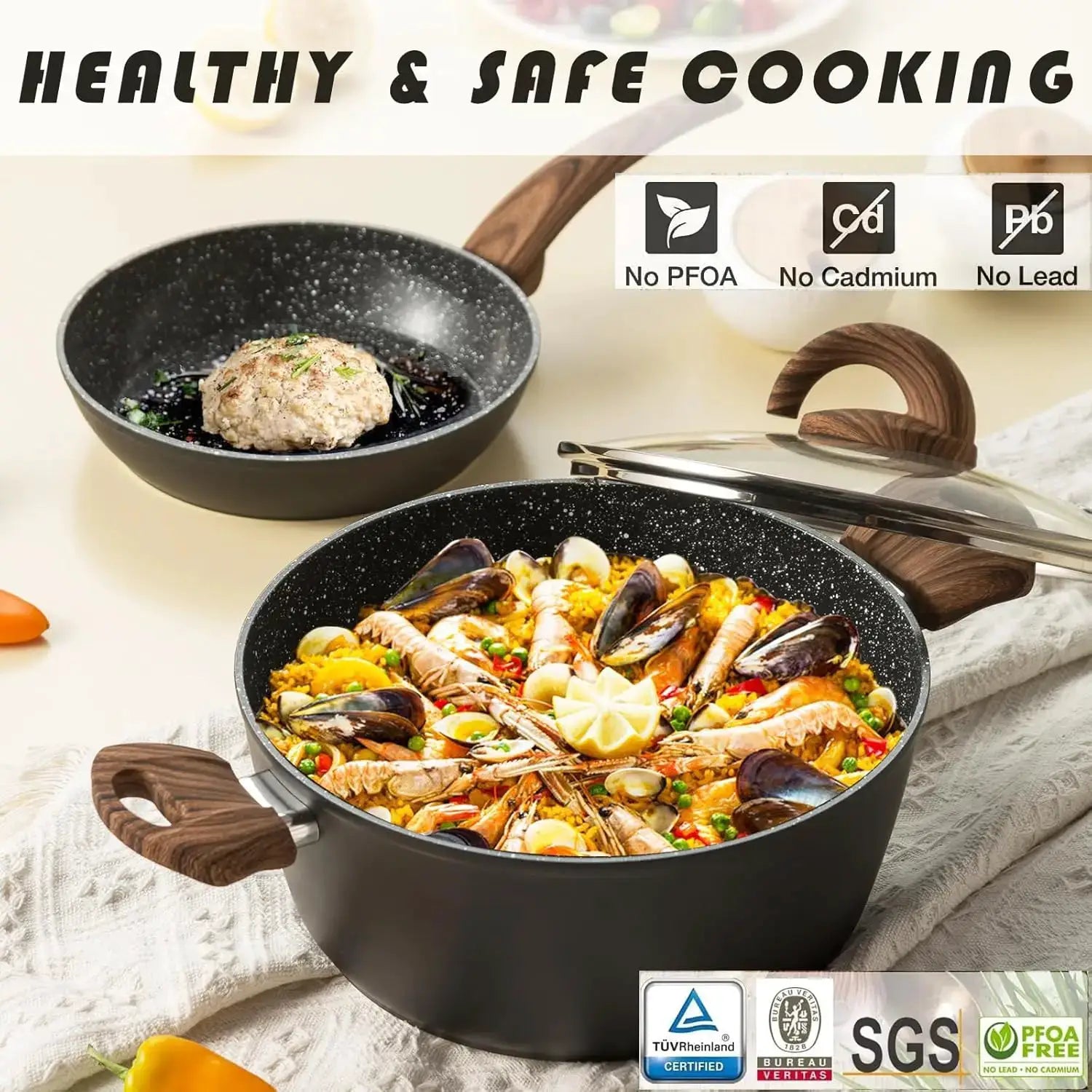 Non Stick Pots and Pans Set, Ceramic Cookware with Granite Pattern, Induction Compatible, PTFE/PFOA/PFOS-Free, Black from PriceLows™