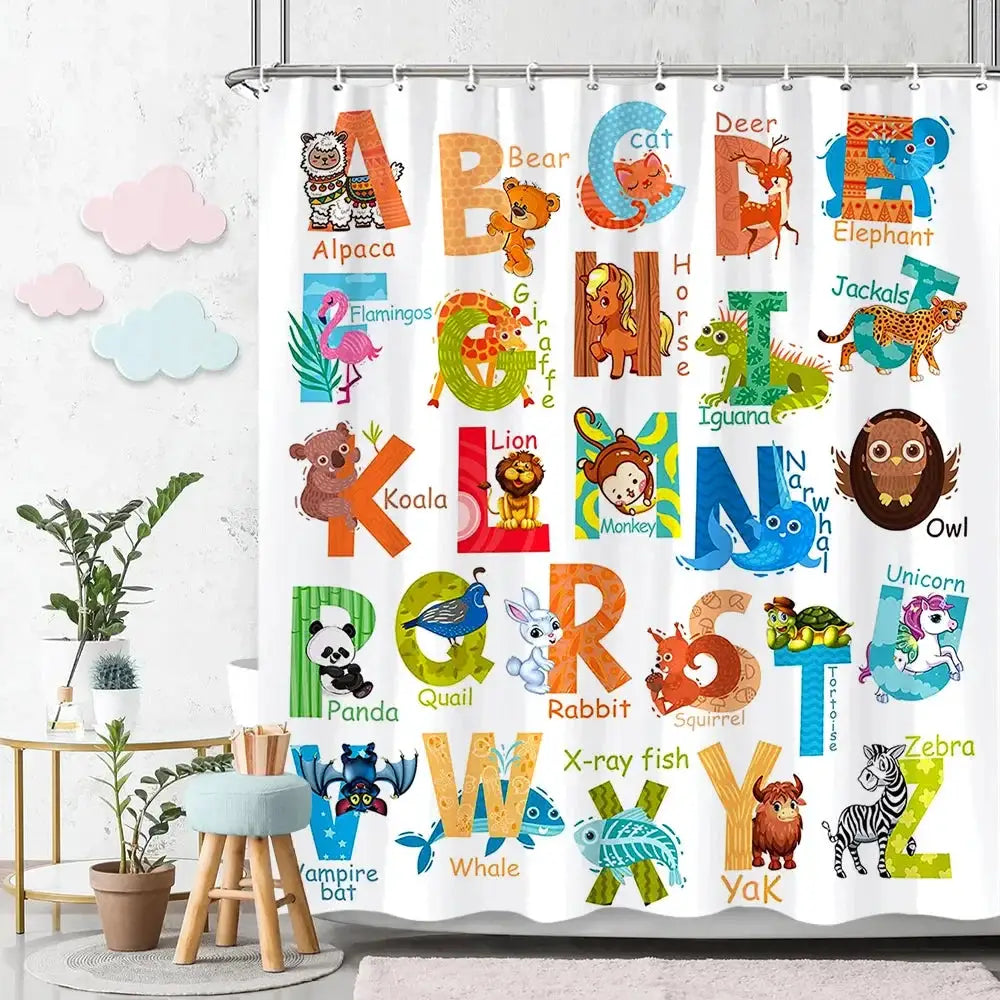 Cartoon Animal Alphabet Shower Curtain Kids ABC Educational Learning Tools Baby Girls Boys Colourful Bath Curtain Bathroom Decor from PriceLows™