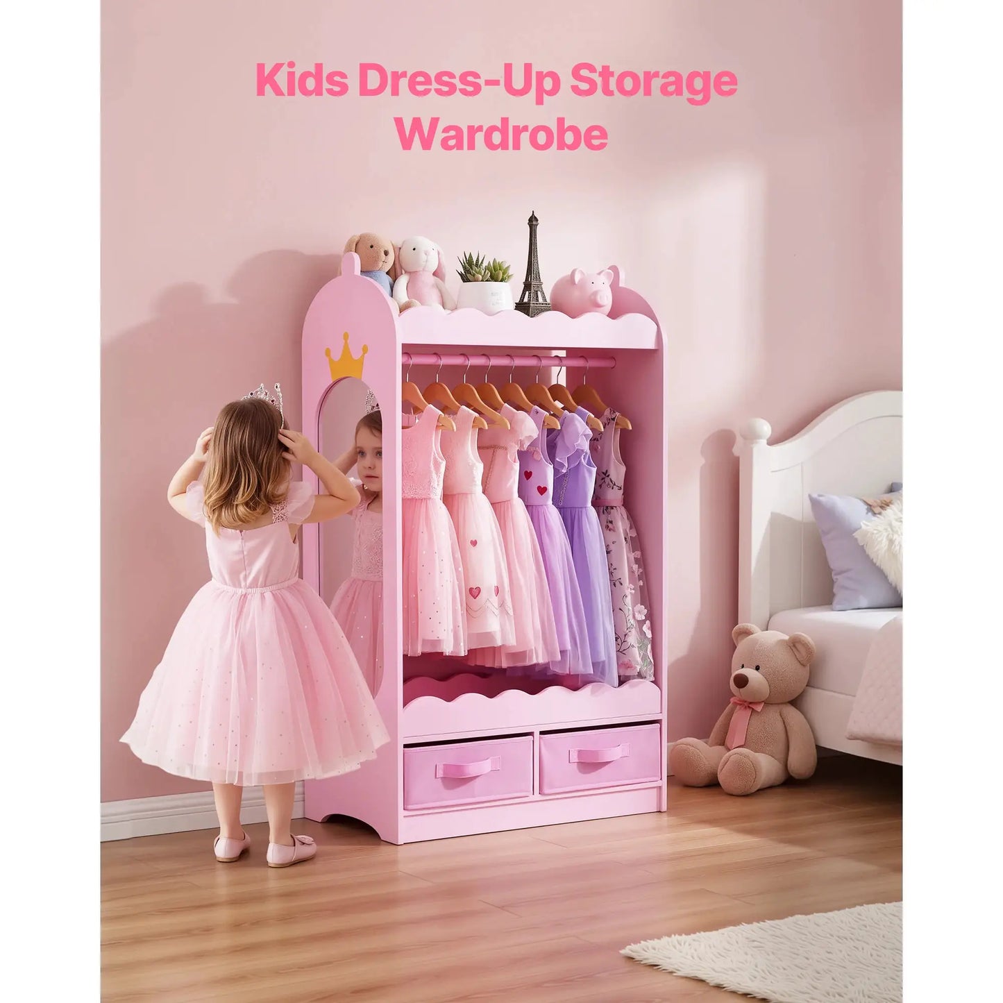 SucceBuy Kids Dress Up Storage with Mirror & Drawer Toddler Costume Wardrobe Closet Pretend Storage Dresser for Girls Room Pink from PriceLows™