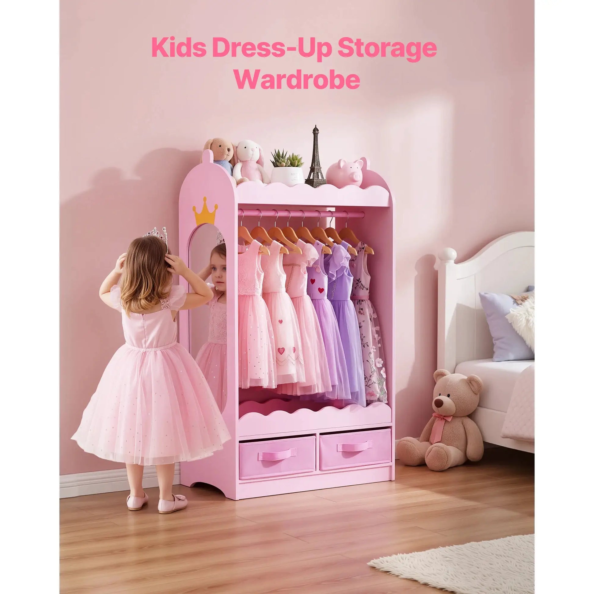 SucceBuy Kids Dress Up Storage with Mirror & Drawer Toddler Costume Wardrobe Closet Pretend Storage Dresser for Girls Room Pink from PriceLows™