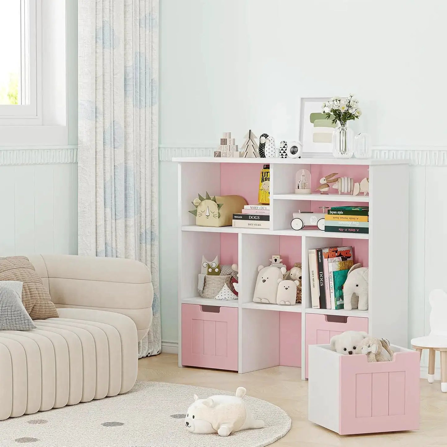 Kids Bookcase Toy Organizer White/Pink Storage Cabinet with 3 Movable Drawers Multi-Purpose Nursery & Playroom Furniture from PriceLows™