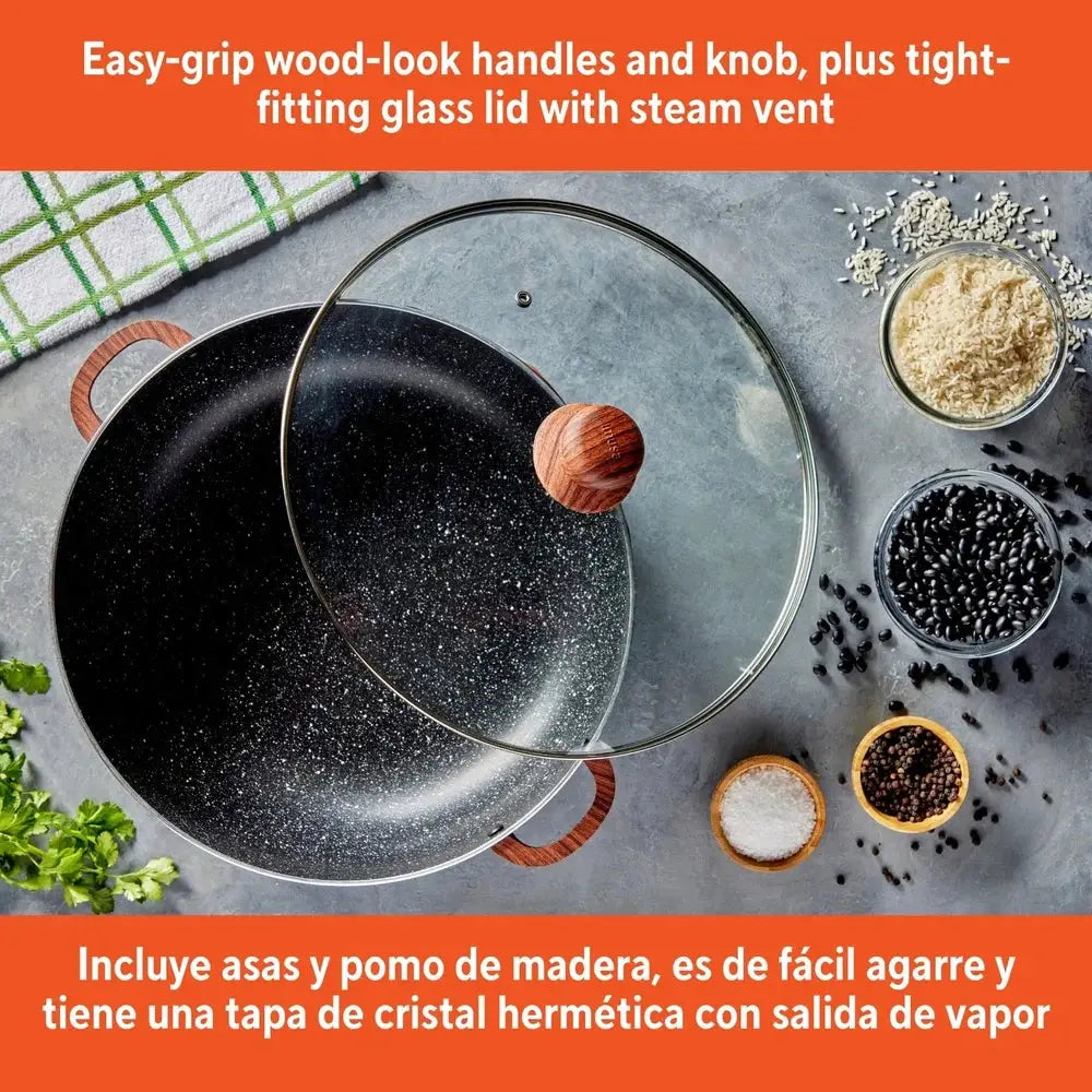 4.4qt Aluminum Nonstick Caldero with Glass Lid and Wood Look Handles Ideal Cooking Rice Stews Soups Sauces and More from PriceLows™