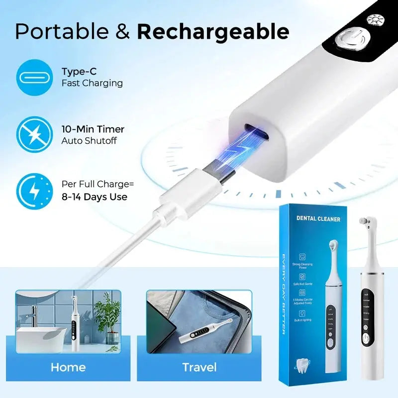 Electric Tooth Polisher | 6 Brush Heads | 5 Speed Modes | One Size