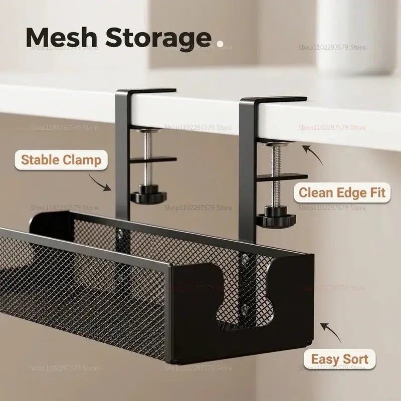 Large Capacity Clip-On Under Desk Cable Organizer - No Drilling Required, Space Saving Metal Cable Storage Basket for Home Desk from PriceLows™