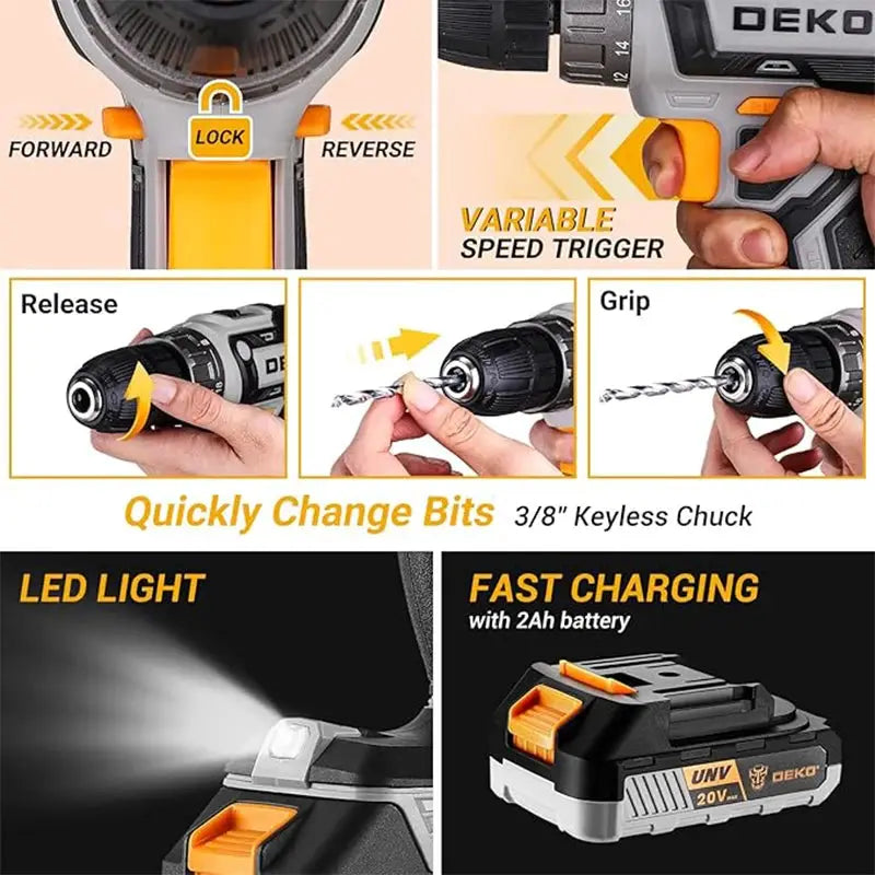 DEKO 20V cordless drill kit with battery, men's drill, manual repair, basic toolbox, suitable for household tools from PriceLows™