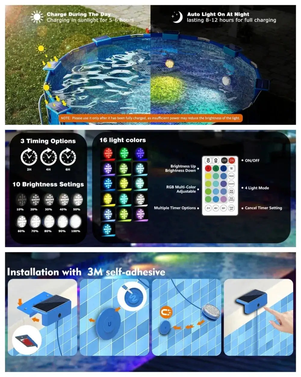 Solar RGB Swimming Pool Underwater Lights IP68 Waterproof Lighting Remote Control Brightness Levels Timer for Pond Pool Lights from PriceLows™