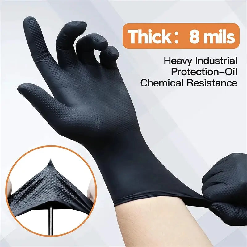 Industrial Black Nitrile Gloves 8mil Heavy Duty Disposable Gloves with Diamond Textured Latex Free Mechanic Tattoo Auto Gloves from PriceLows™