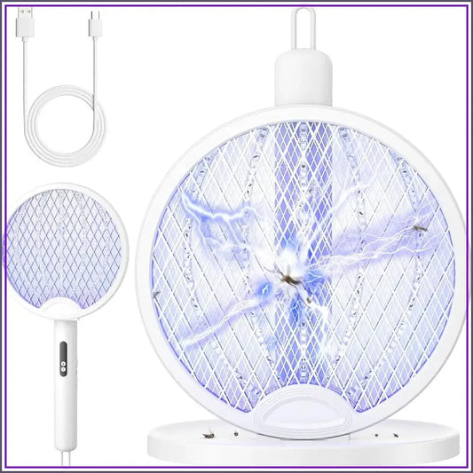 2-in-1 Mosquito Killer Racket, 4000V Foldable Electric Fly Swatter with Charging Base & Attractant Light, Rechargeable 1800mAh, Bug Zapper for Home, Patio, Backyard, Camping from PriceLows™