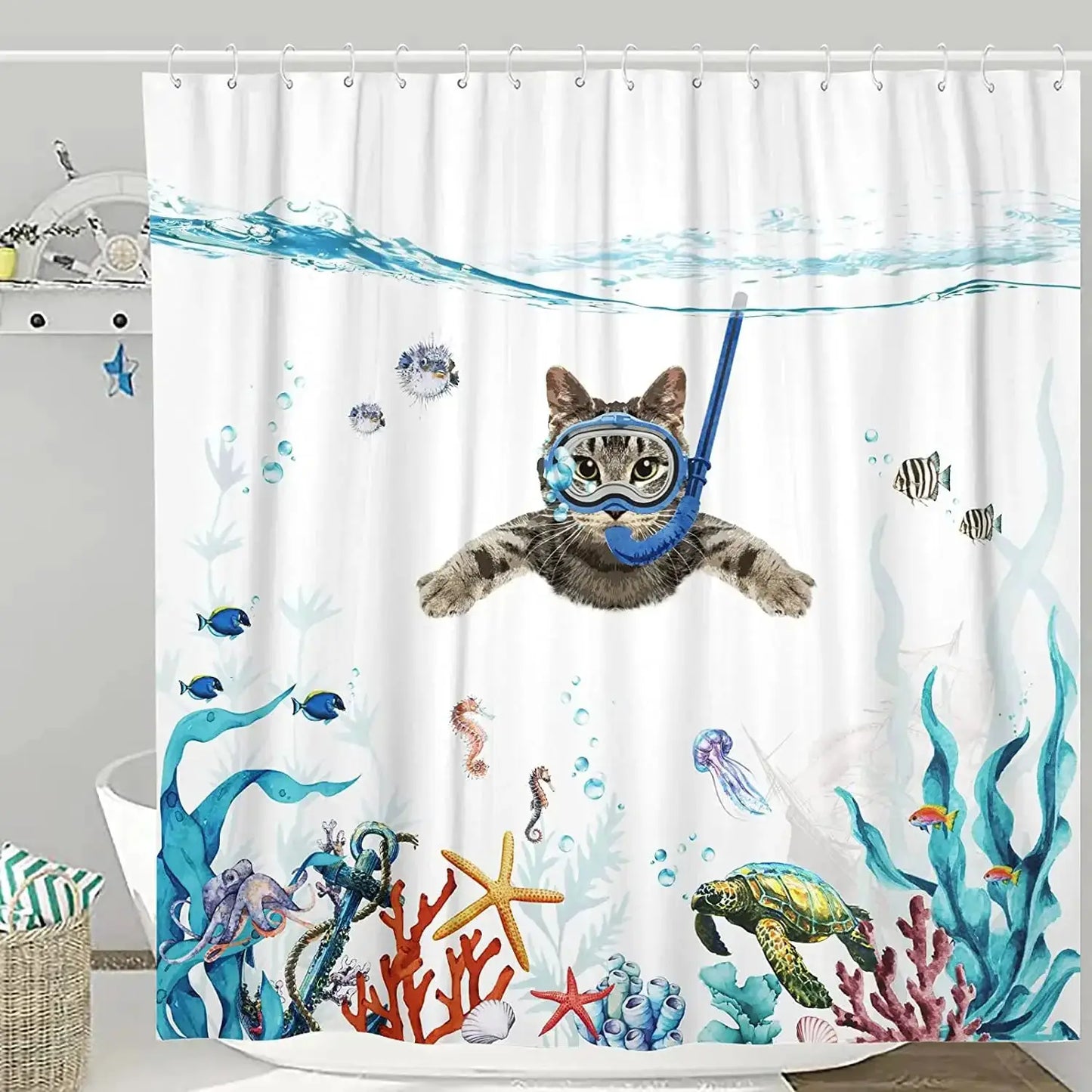 Funny Cat Shower Curtain Cool Cat Riding Shark Seagull On Ocean Sea Blue Waves Kids Creative Design Bathroom Curtain Polyester from PriceLows™