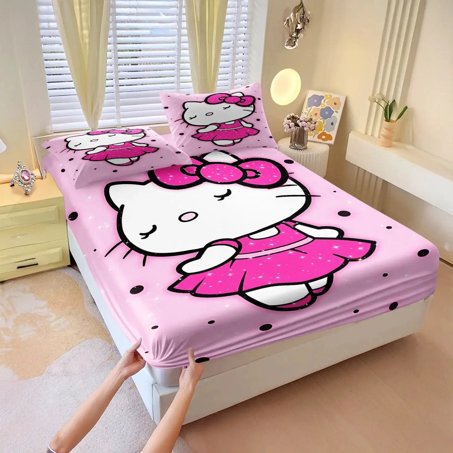 3Pcs Kawaii Hello Kitty Fitted Sheet Set With 2 Pillowcases purple Bed Sheet Soft Deep Pocket Bedding for Girls Bedroom Decor from PriceLows™