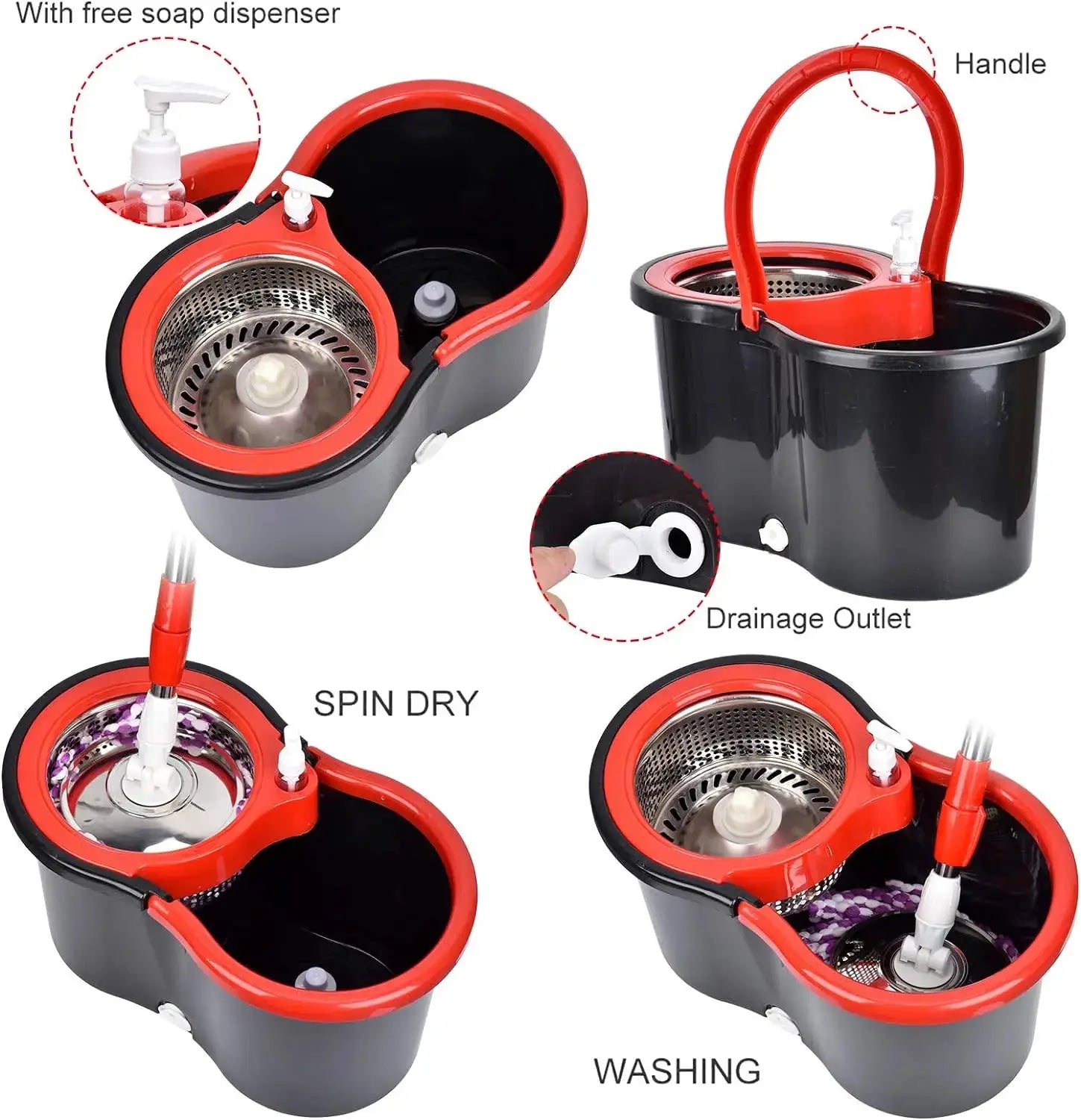 360° Spin Mop Bucket Set with Wringer, Stainless Steel Basket & Rotating Microfiber Mop Head from PriceLows™