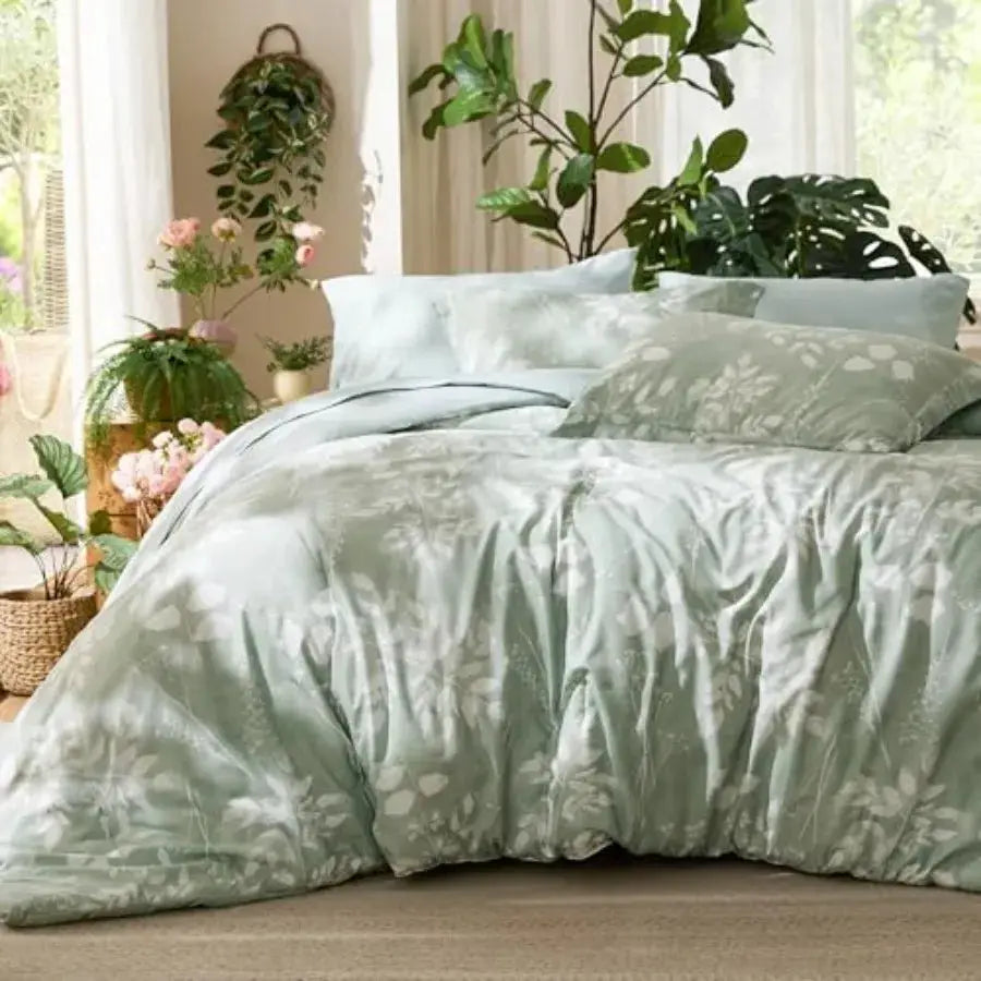 Comforter Set - 7 Pieces Floral Sage Green GentleSoft™ Bedding Sets Bed in a Bag with Botanical Flowers Winter Comforter Sheets from PriceLows™