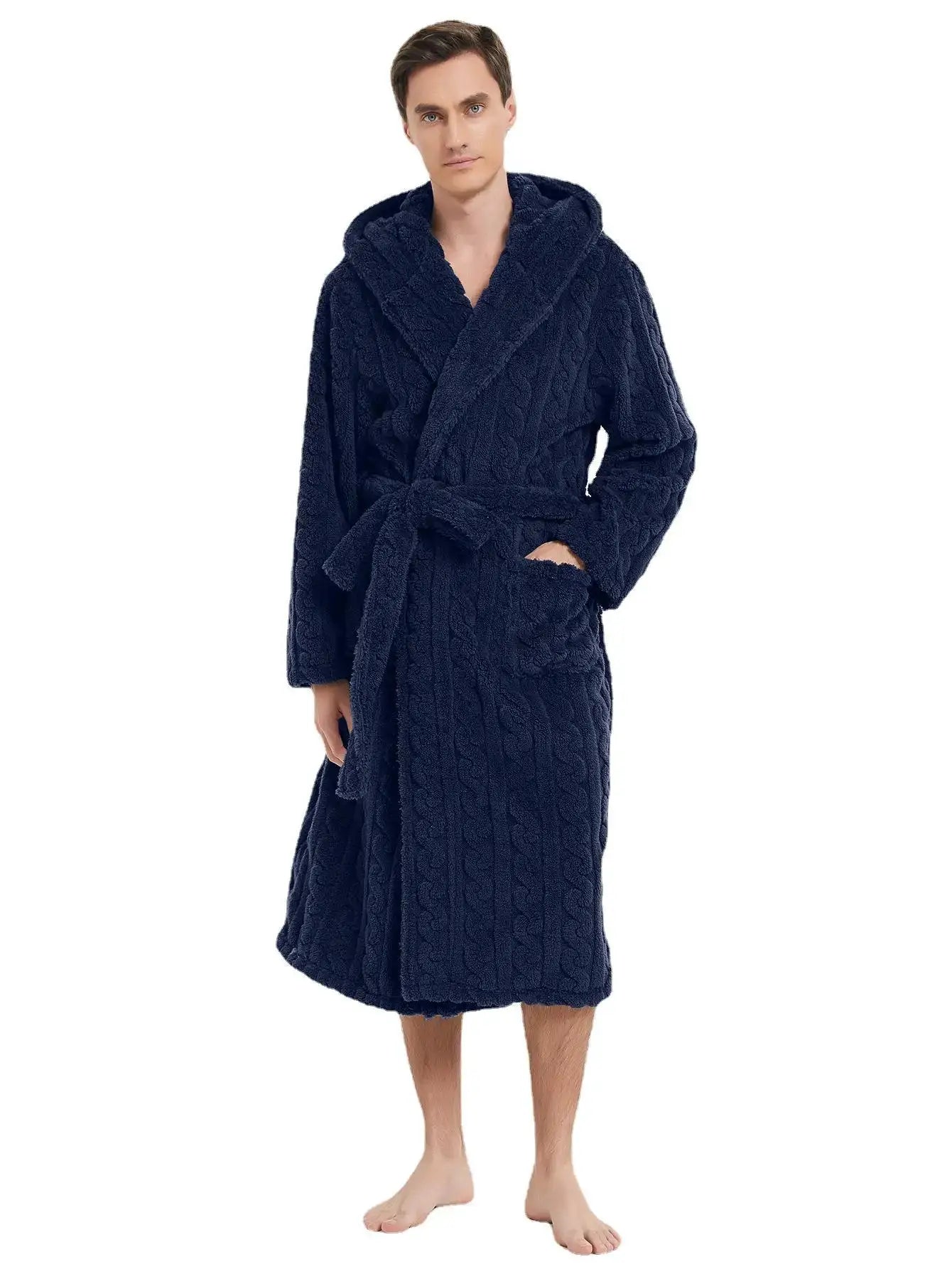 Men's Hooded Robe | Polyester | Thickened | Solid Color