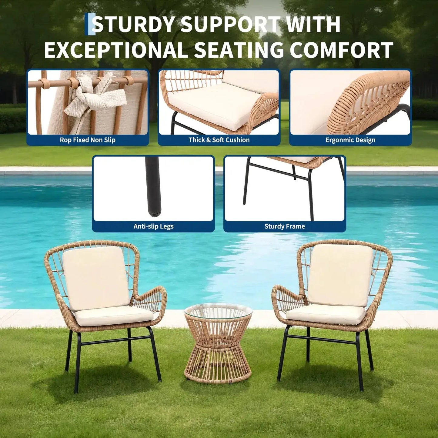 Boho 3PCS Patio Furniture Set, Outdoor PE Rattan Bistro Set With 2 Wide Cushioned Chairs & Glass Table For Deck Porch Poolside from PriceLows™