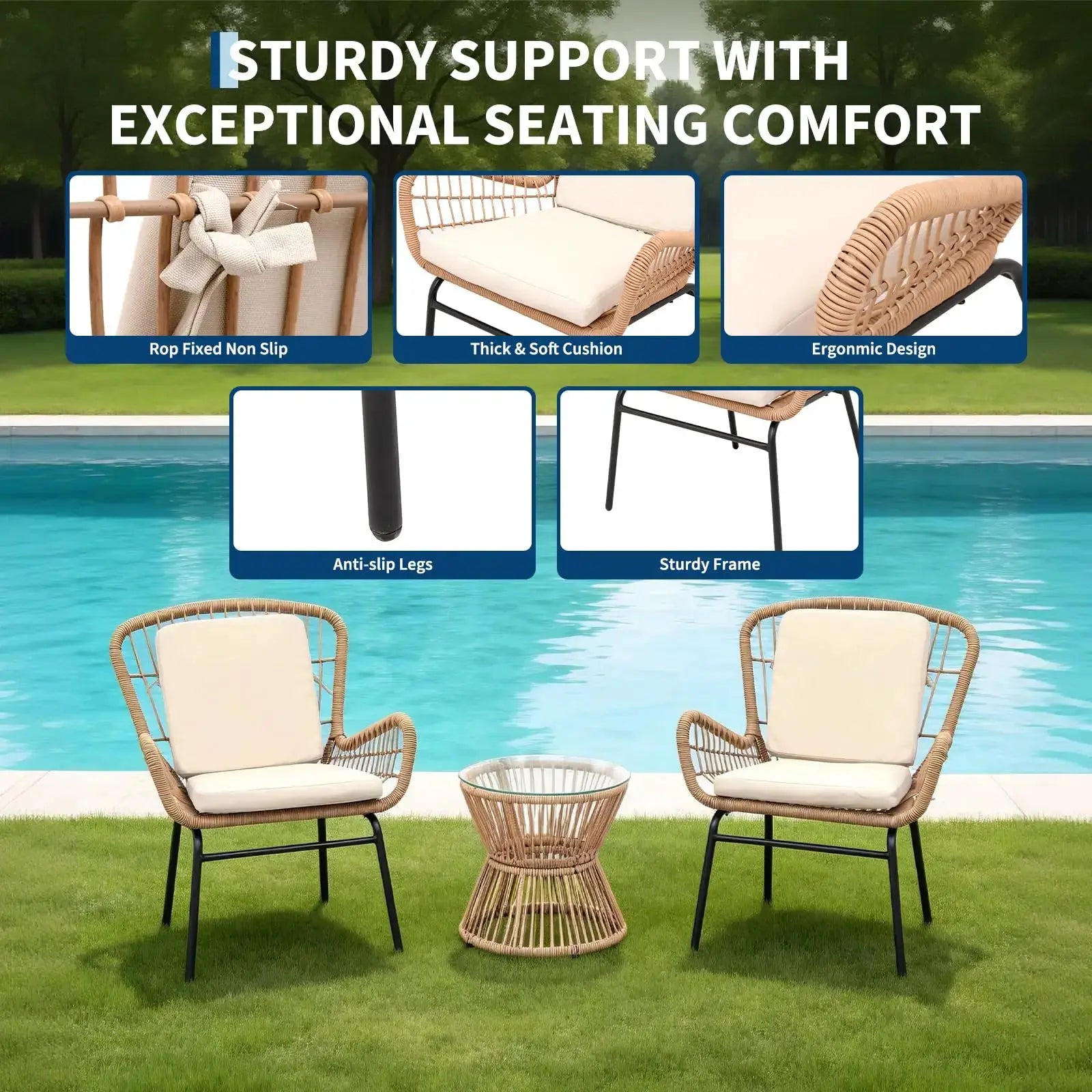 Boho 3PCS Patio Furniture Set, Outdoor PE Rattan Bistro Set With 2 Wide Cushioned Chairs & Glass Table For Deck Porch Poolside from PriceLows™