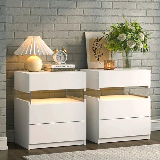Cubehom Bedside Tables 2 Set with LED Lighting White Bedside Table with 3 Drawers Bedside Table for Bedroom from PriceLows™