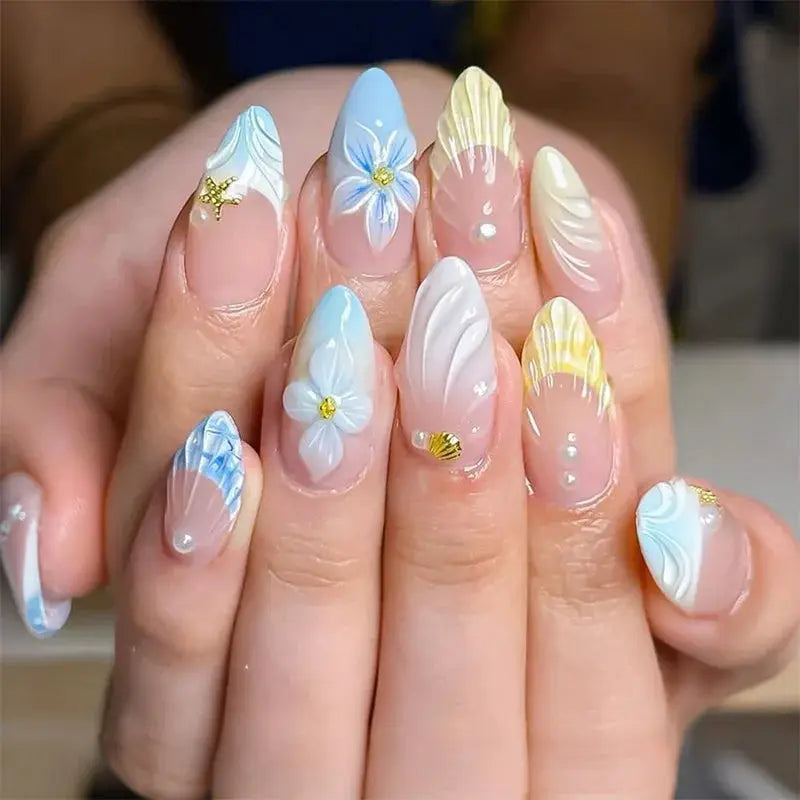 Almond Press On Nails | Acrylic Finish | Pearl Flower Design | 24 Piece Set