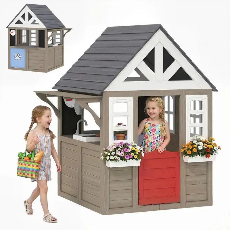 Qaba Outdoor Playhouse, Wooden Kids Playhouse with Dog Door, Flower Box, Cookware & Window for Garden Ages 2+, Gray from PriceLows™
