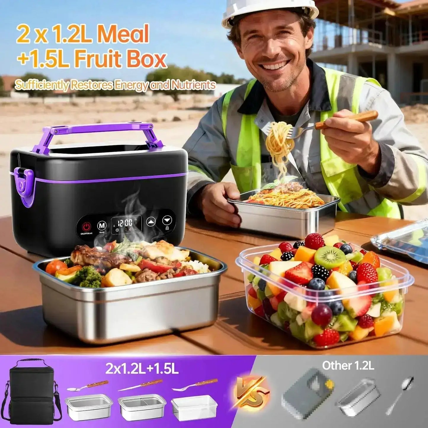 1.2L Electric Heated Lunch Box, 100W 5D Surround Heat, 24000mAh Battery, Portable Food Warmer, BPA Free, Purple from PriceLows™
