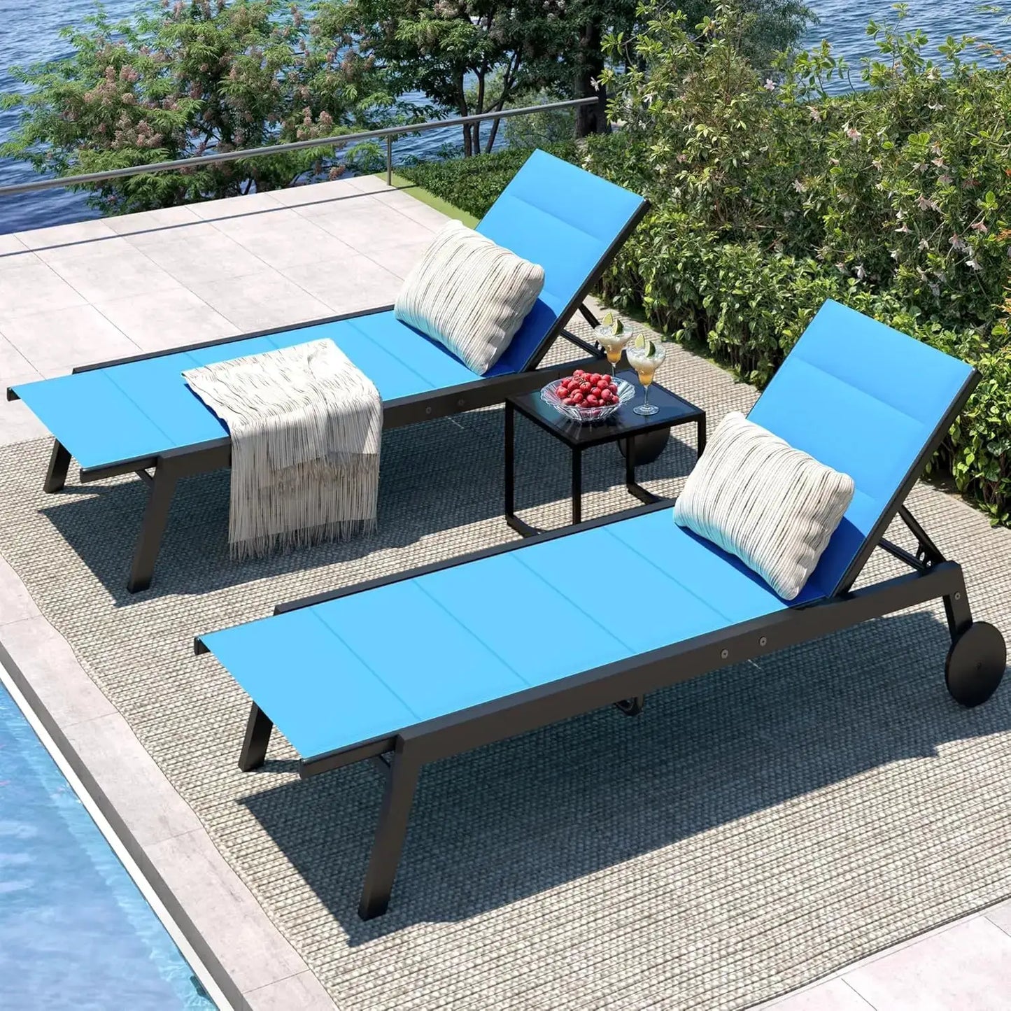 3 Pieces Patio Chaise Chairs Set, Pool Loungers with Side Table, outdoor Chaise Lounges Chair with Wheels, Adjustable Position from PriceLows™