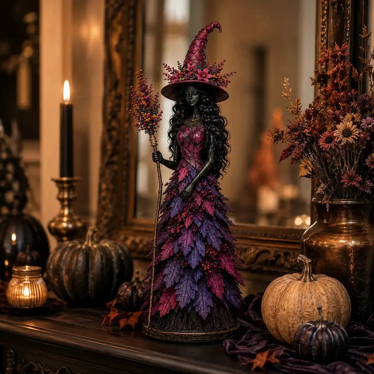 Witch Figurine | 15CM Resin | Halloween Decor | Berry Staff
