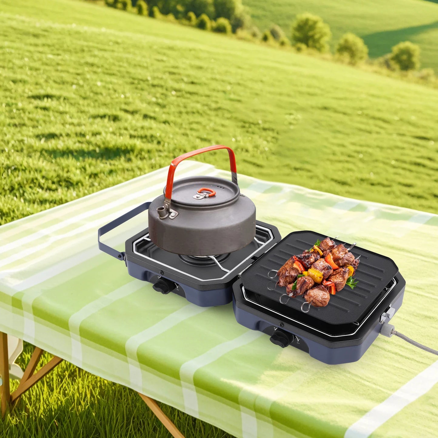 Portable Dual Burner Camp Stove, Foldable 430 Stainless Steel Gas Grill, 2.3kW Each, Non-Stick Pan for Outdoor Picnic Hiking from PriceLows™
